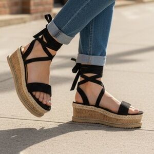 Missguided Black Suede Lace-Up Espadrille Sandals Size 5/38